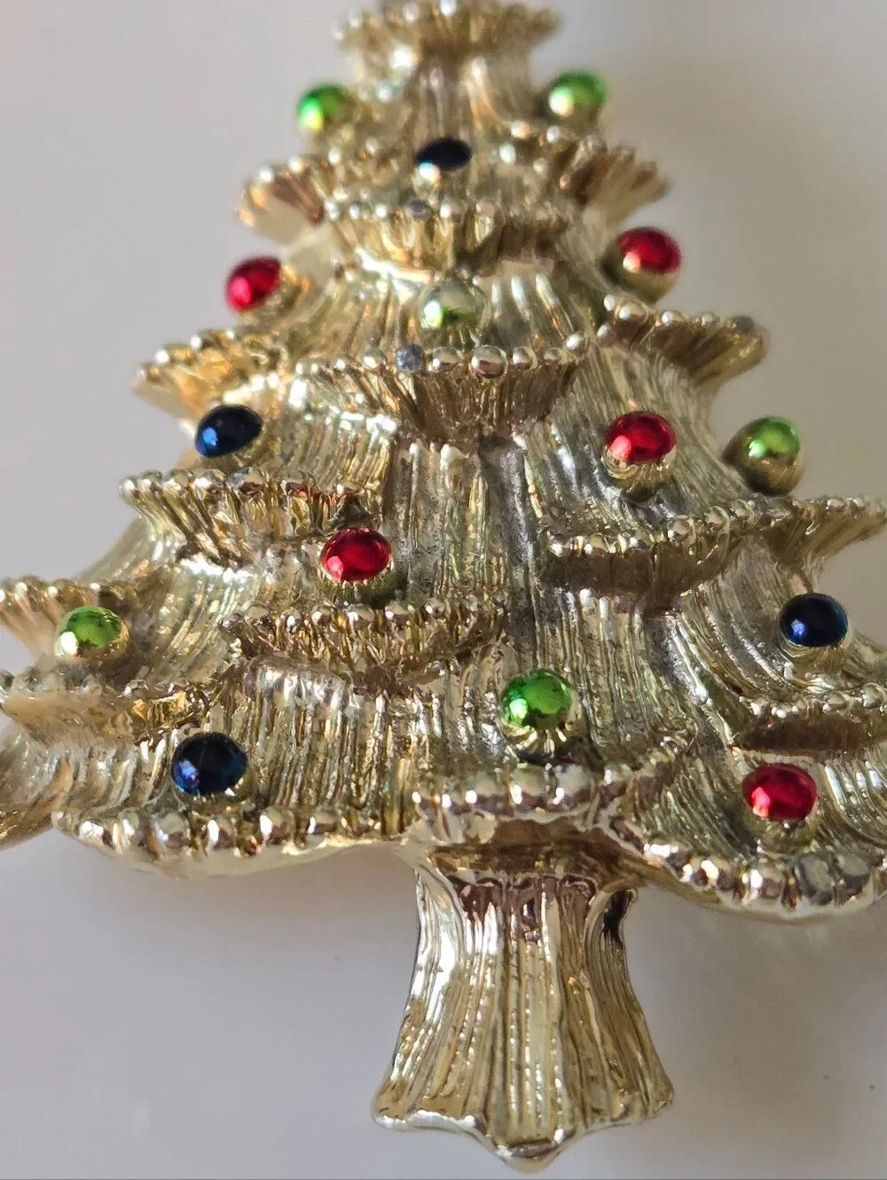 GERRY'S Gold Tone Christmas Tree Brooch with Red, Green & Blue